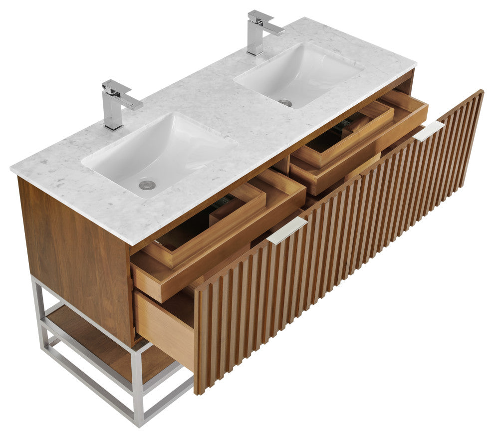 Terra Bathroom Vanity, Walnut/Brushed Nickel, 60", Marble Top