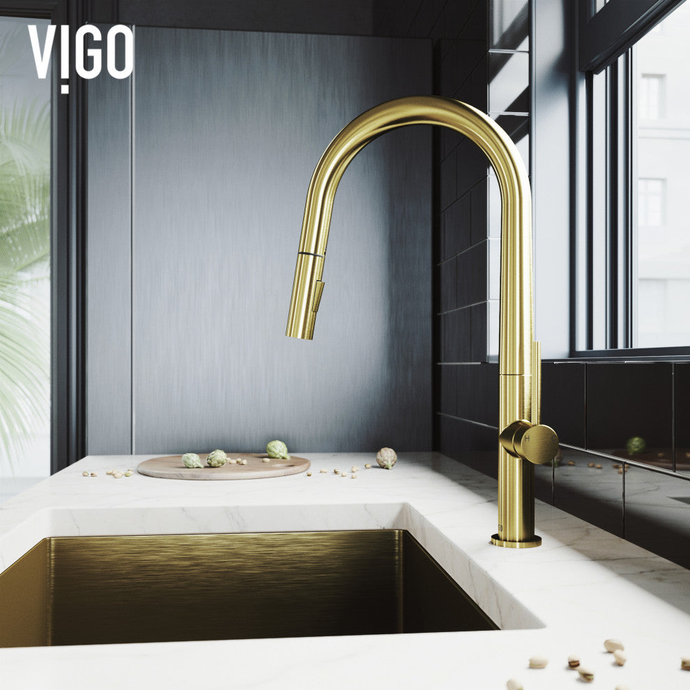 VIGO Greenwich 18" H Single Handle Pull-Down Sprayer Kitchen Faucet, Matte Brushed Gold, No Sensor, Without Extras