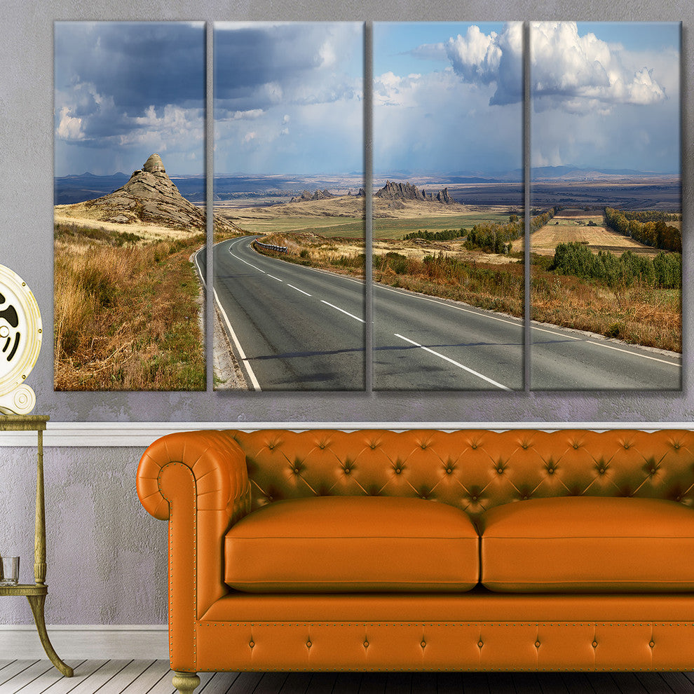 Road in East Kazakhstan Panorama, Landscape Canvas Art Print, 48"x28", 4 Panels