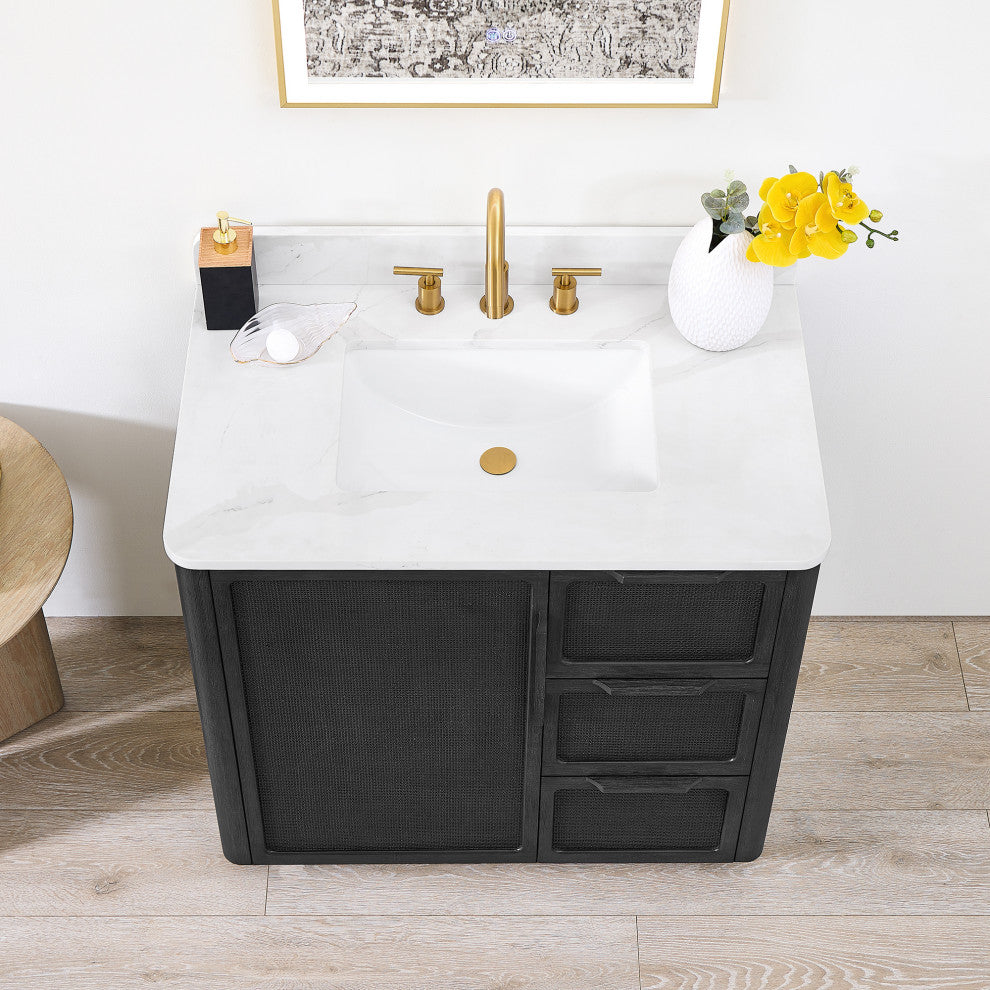 Busan Bath Vanity, Quartz Top No Mirror, Oak Classic Black, 36", Single Vanity