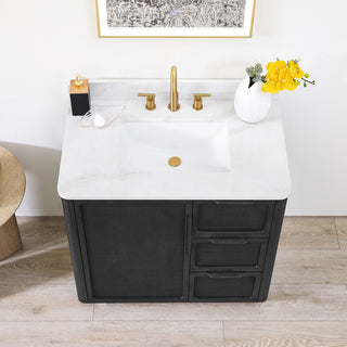 Busan Bath Vanity, Quartz Top No Mirror, Oak Classic Black, 36", Single Vanity