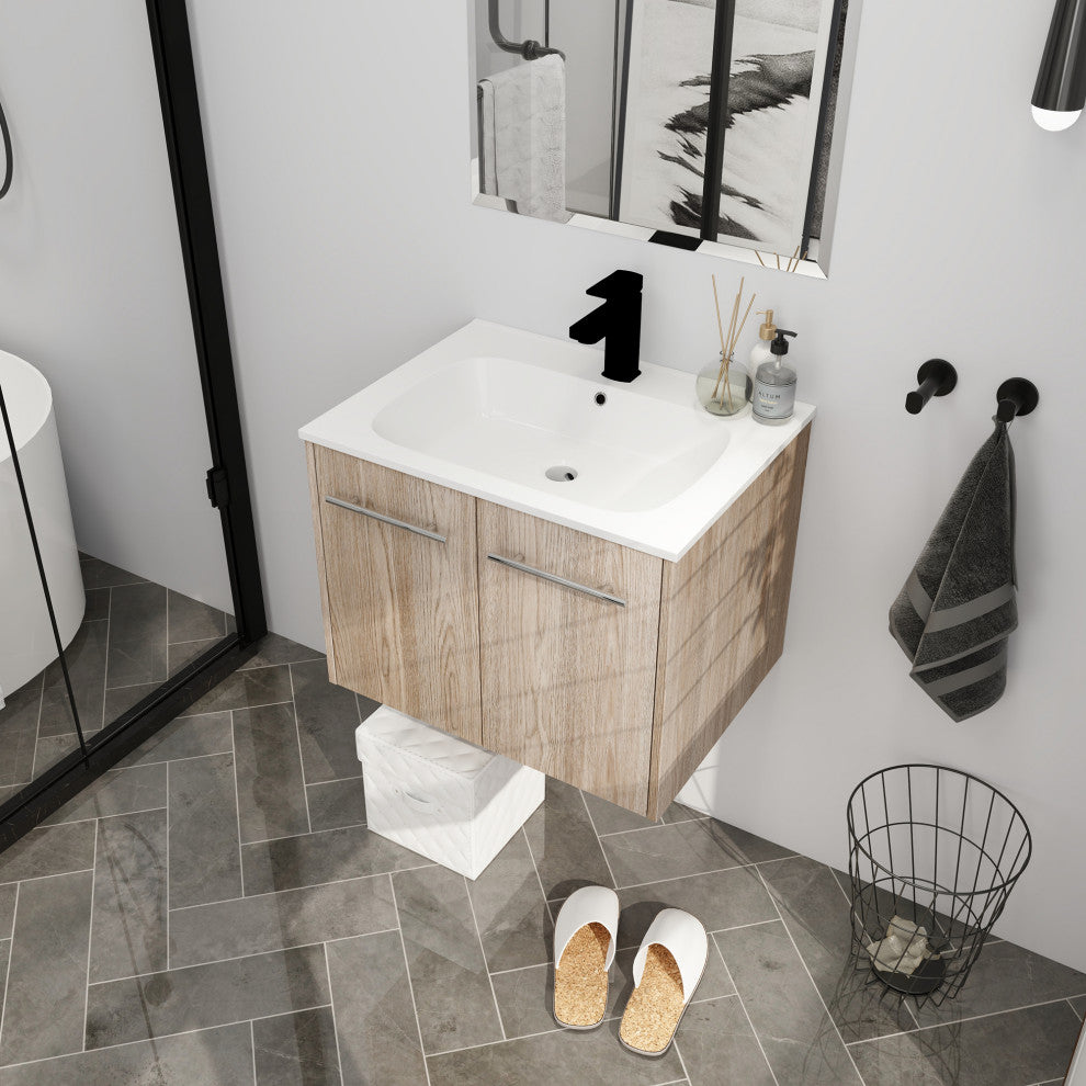 24" Plywood Wall Mounted Bath Vanity Set, Integrated Resin Sink