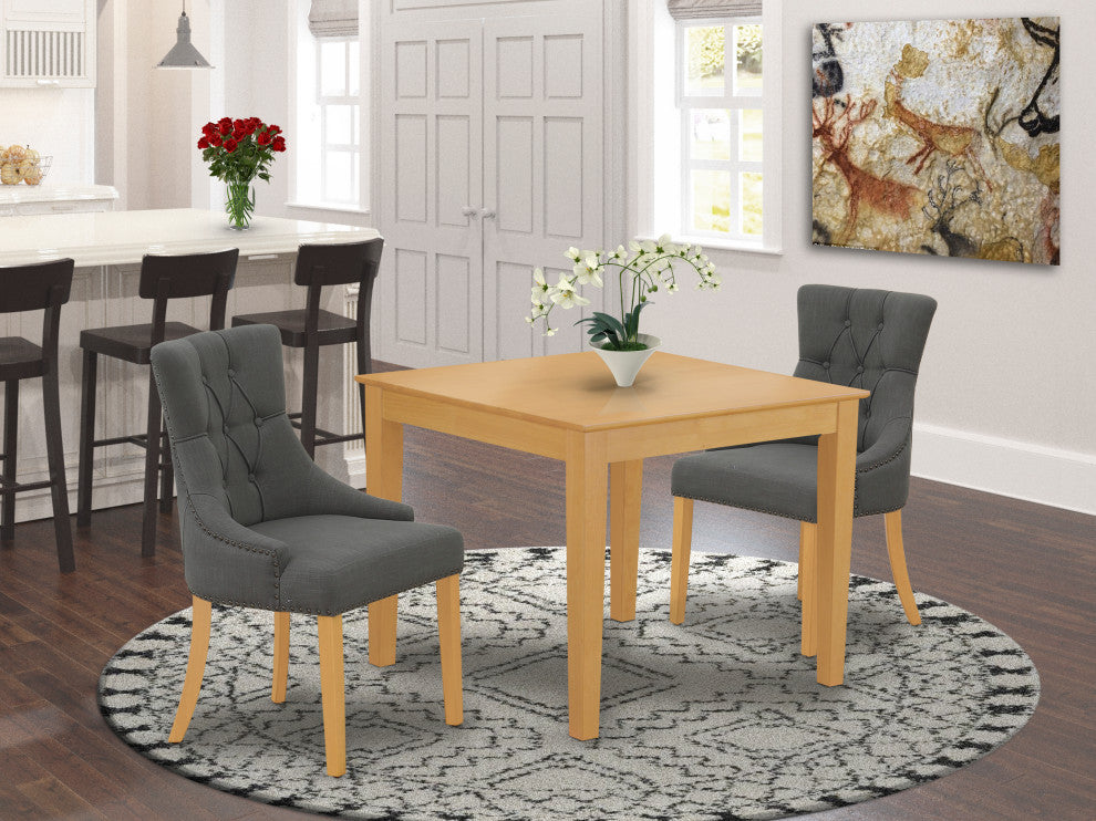 3Pc Dinette Set, Square Table, Two Chairs, Dark Gotham Grey Fabric, Oak Finish