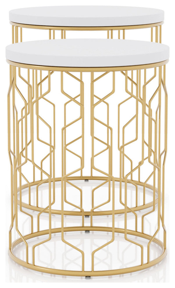 Set of 2 Nesting Nightstand, Geometric Metal Base With Round Top, Golg Coating