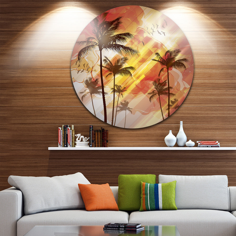 Palm Tree At Sunset, Photography Disc Metal Artwork, 23"