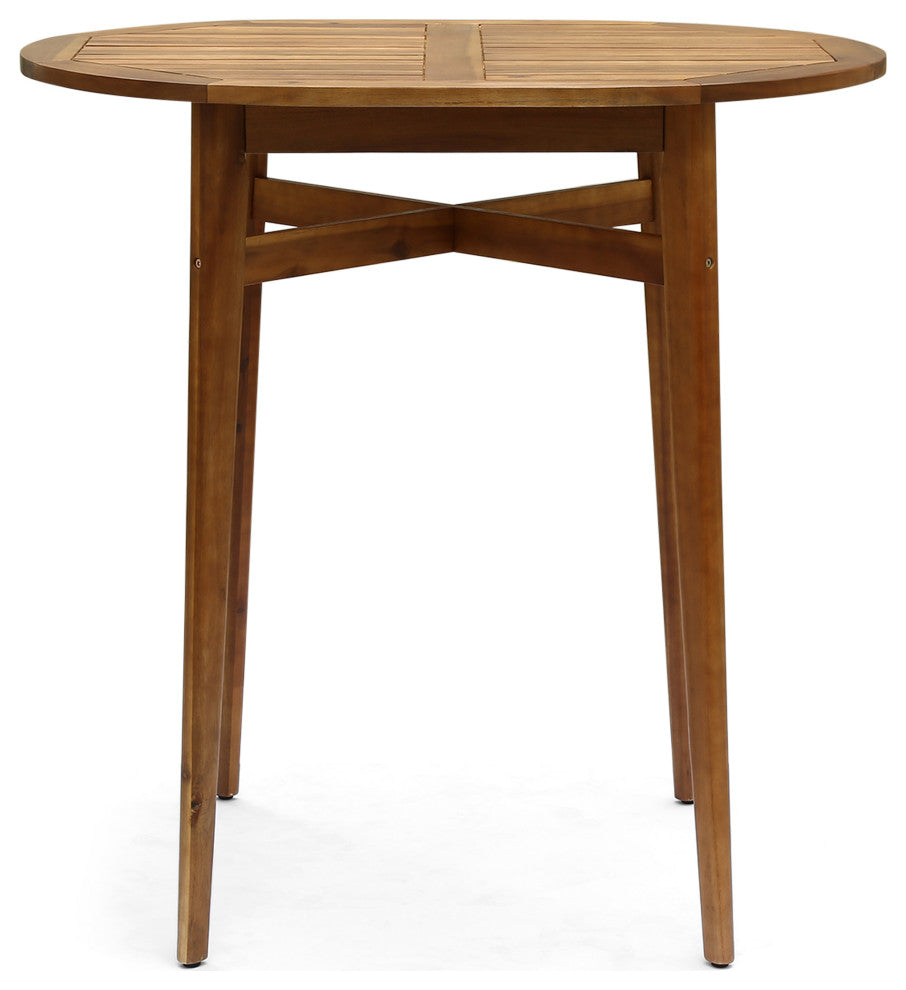 Beryl Outdoor Rustic Acacia Wood Bar Table With Slat Top, Teak Finish