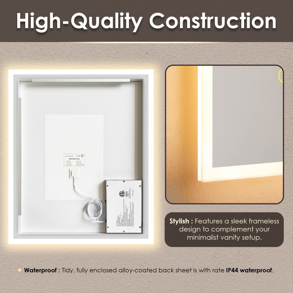 Aurora Framelesss Anti-Fog Dimmable LED Lighted Wall Mirror, No Frame, 36"
