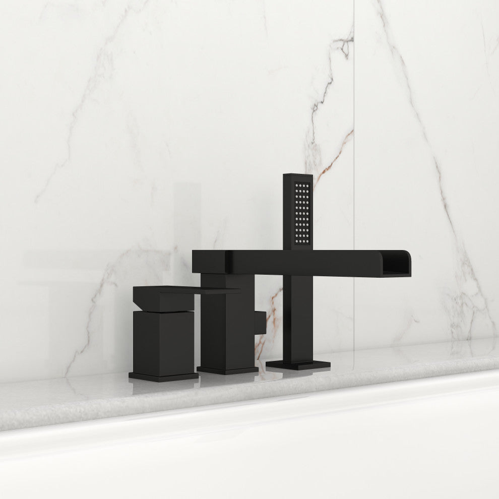 Mill Deck-Mount Waterfall Roman Bathtub Filler Faucet with Handshower, Matte Black