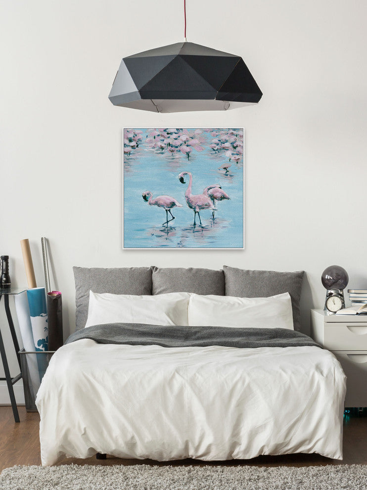 "Three Flamingos" Floater Framed Painting Print on Canvas, 48"x48"