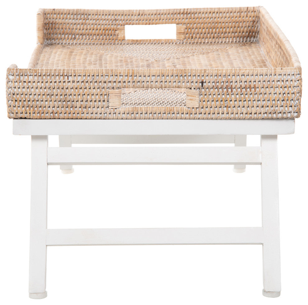 La Jolla Rattan Breakfast Tray With Foldable Legs, White Wash