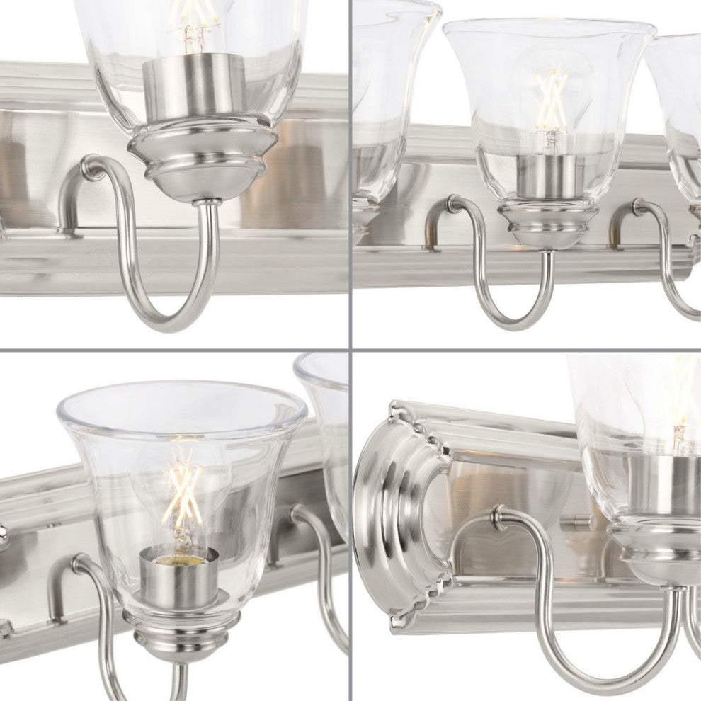 Three-Light Brushed Nickel Transitional Bath and Vanity Light With Clear Glass