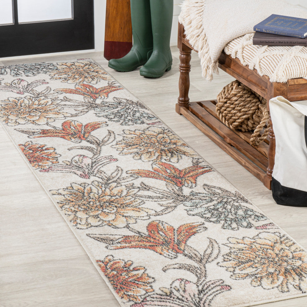 Giglio Modern Botanical Flower Area Rug, Orange/Blue/Cream, 2 X 8