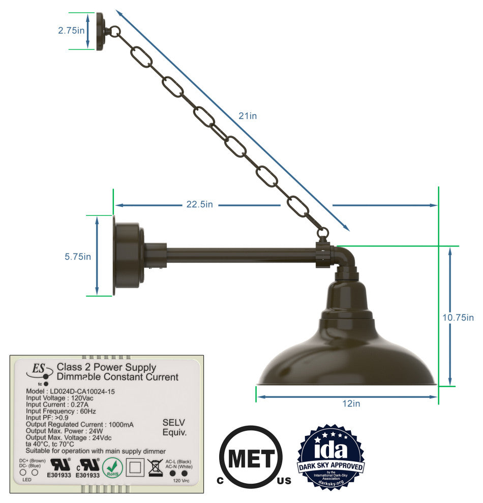 Gooseneck Barn Light With Metropolitan Arm With Chain, Mahogany Bronze, 12"