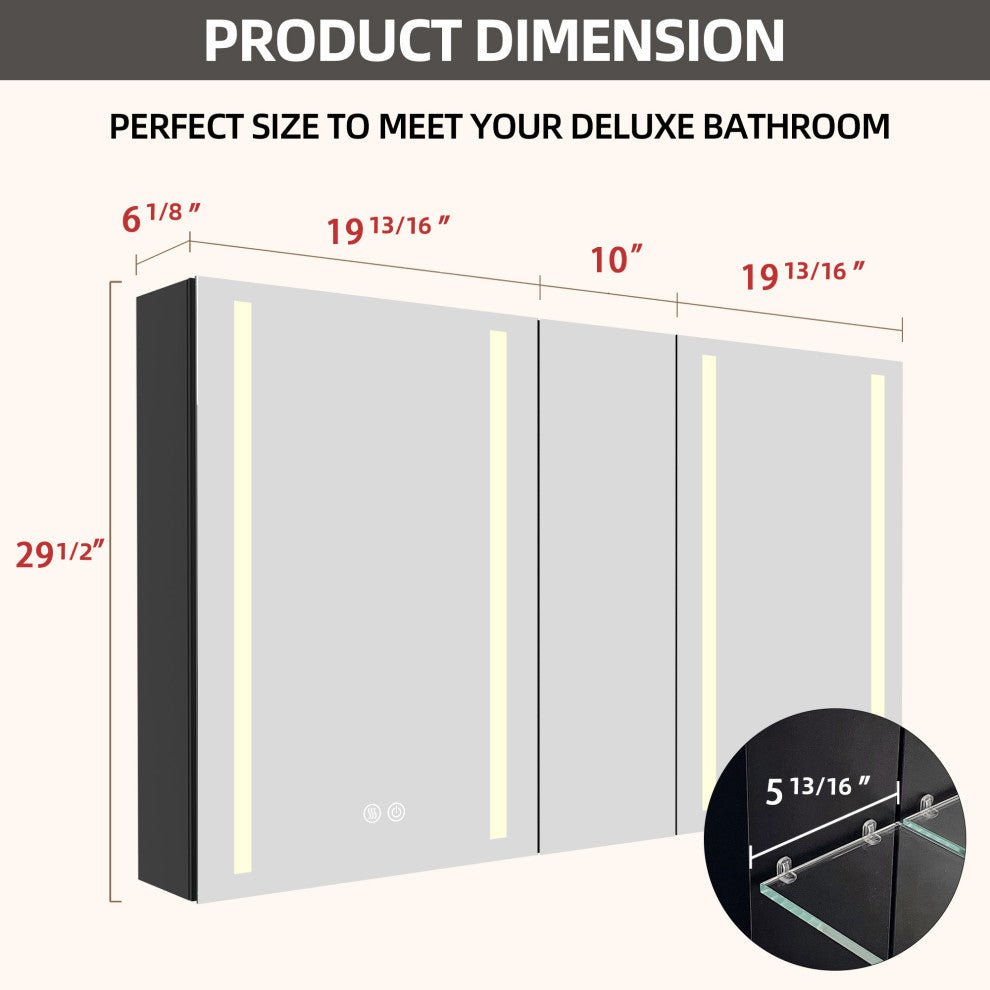 50"x30" Surface Mount Frameless LED Medicine Cabinet With Anti-Fog and Dimmable, Right Door