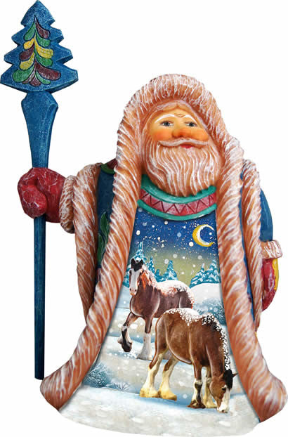 Artistic Wood Carved Santa Claus With Snow Horses Sculpture