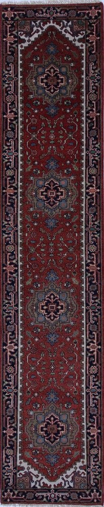 Oriental Heriz Serapi Red and Navy Blue Floral Hand-Knotted Wool Rug, 3'x12'