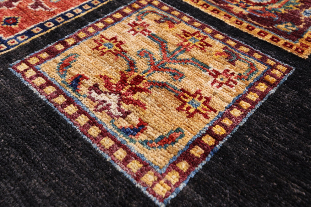 2' 6" X 6' 7" Persian Garden Design Black Hand Knotted Runner Rug Q10684