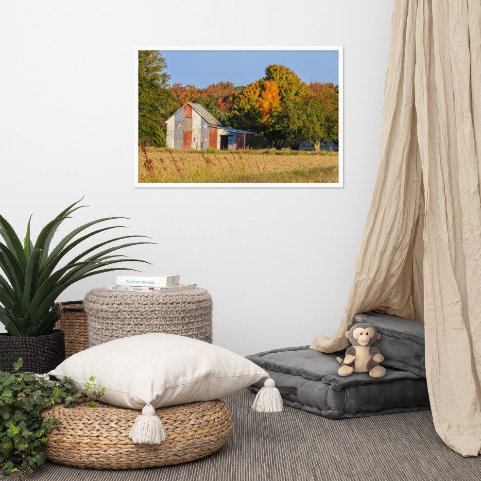 Patriotic Barn in Field Rural Landscape Framed Photo Paper Wall Art Prints, White, 24" X 36"
