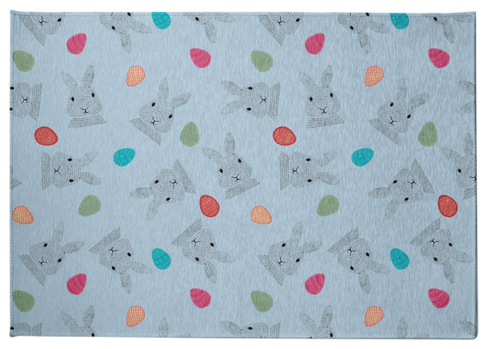 Bunnies and Eggs Easter Chenille Rug, After Rain Blue, 8'x10'