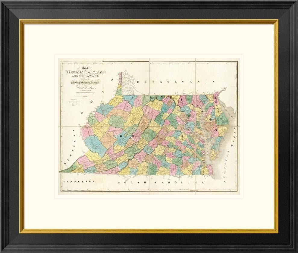 "Map of Virginia, Maryland and Delaware, 1839"  by David H. Burr, 26x22"