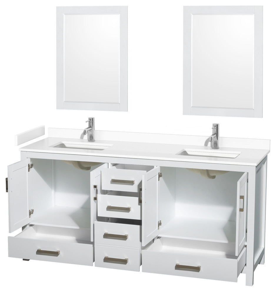 72"DBL Bathroom Vanity White, White Cult. Marble Countertop, Sinks, 24" Mirrors