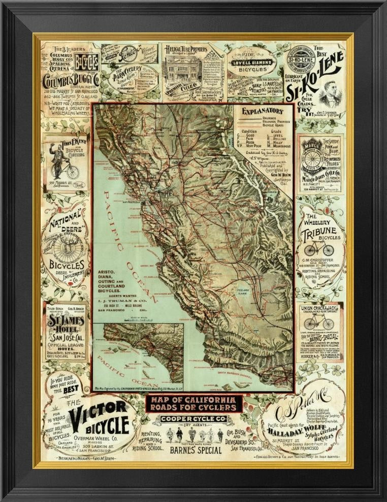 "Map of California Roads for Cyclers, 1896"  by George W. Blum, 20x26"