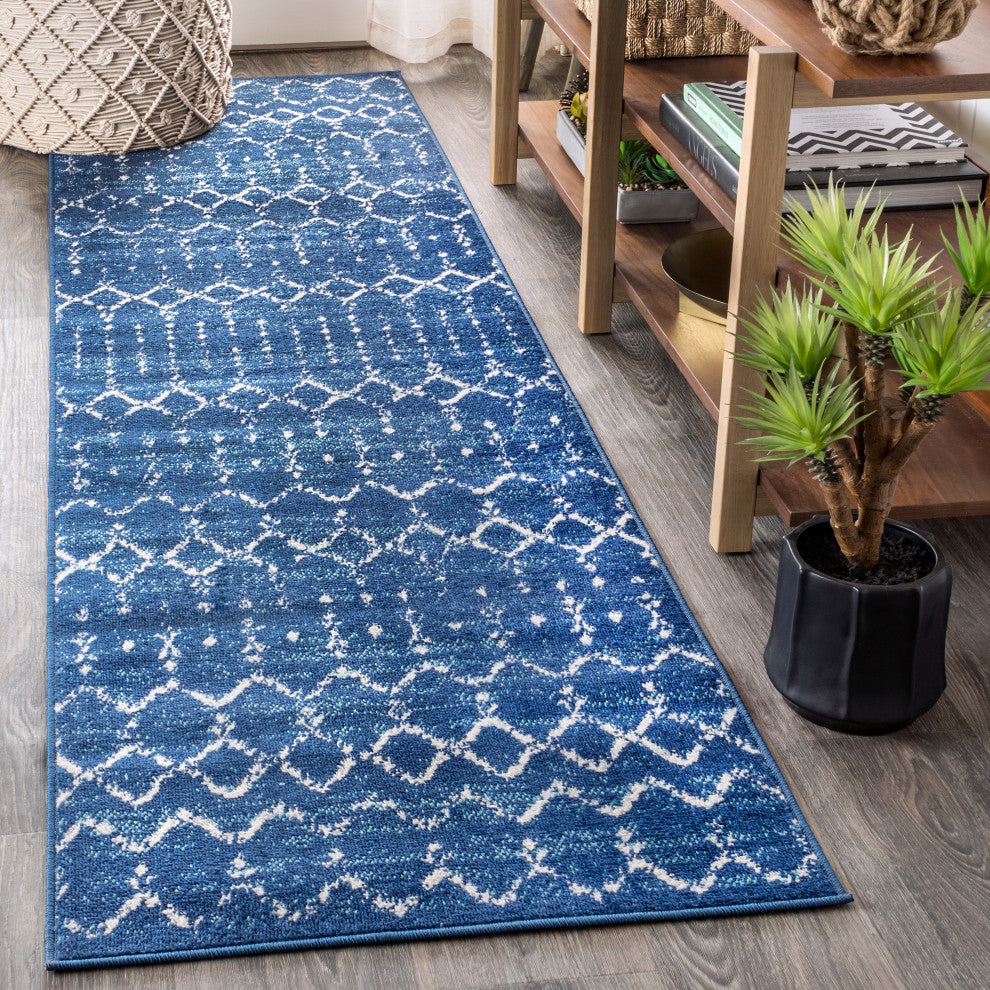 Moroccan HYPE Boho Vintage Diamond Runner Rug, Blue/White, 2 X 10