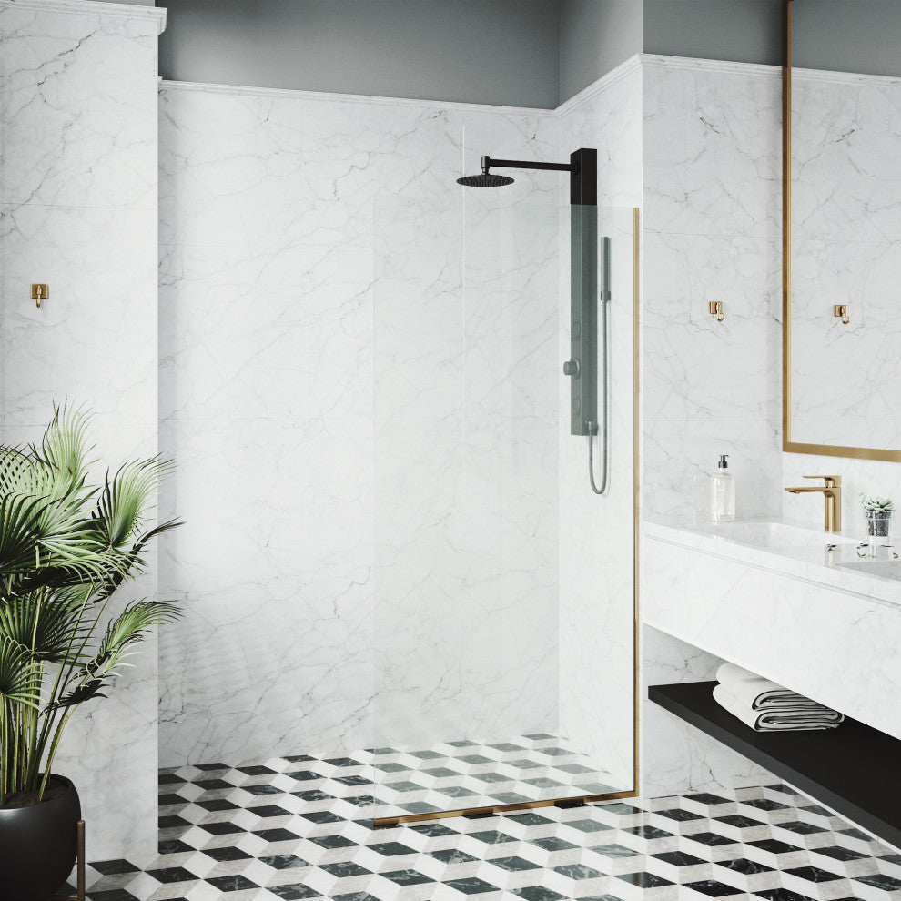 VIGO Zenith Frameless Fixed, Matte Gold, Shower Screen, 34" W X 74" H, Clear Glass