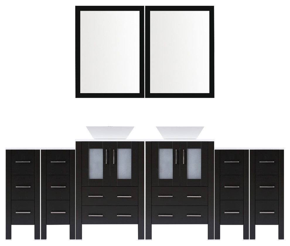 Modern Vanity Set With Two Sink Bases With Mirrors and Four Drawer Bases, Espres