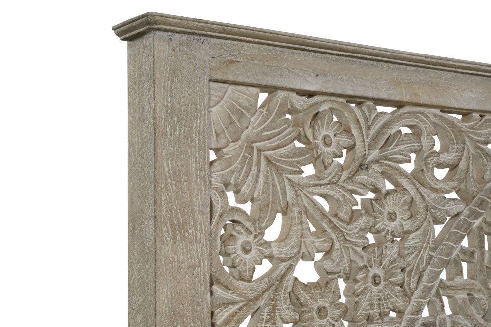 Milano Floral Carved Solid Wood Queen Panel Bed, Gray, King