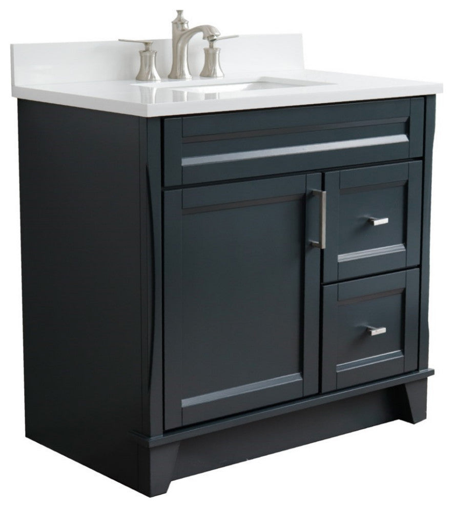 37" Single Sink Vanity, Dark Gray Finish With White Engineered Stone Top