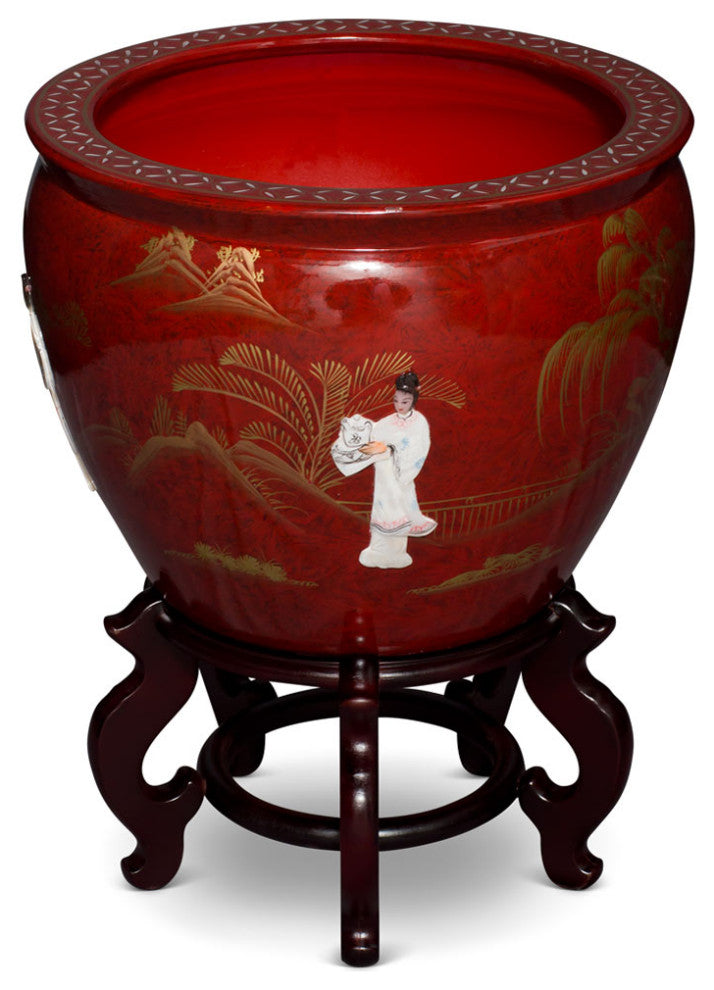 17 Inch Red Mother of Pearl Figurine Chinese Fishbowl Planter, With Stand