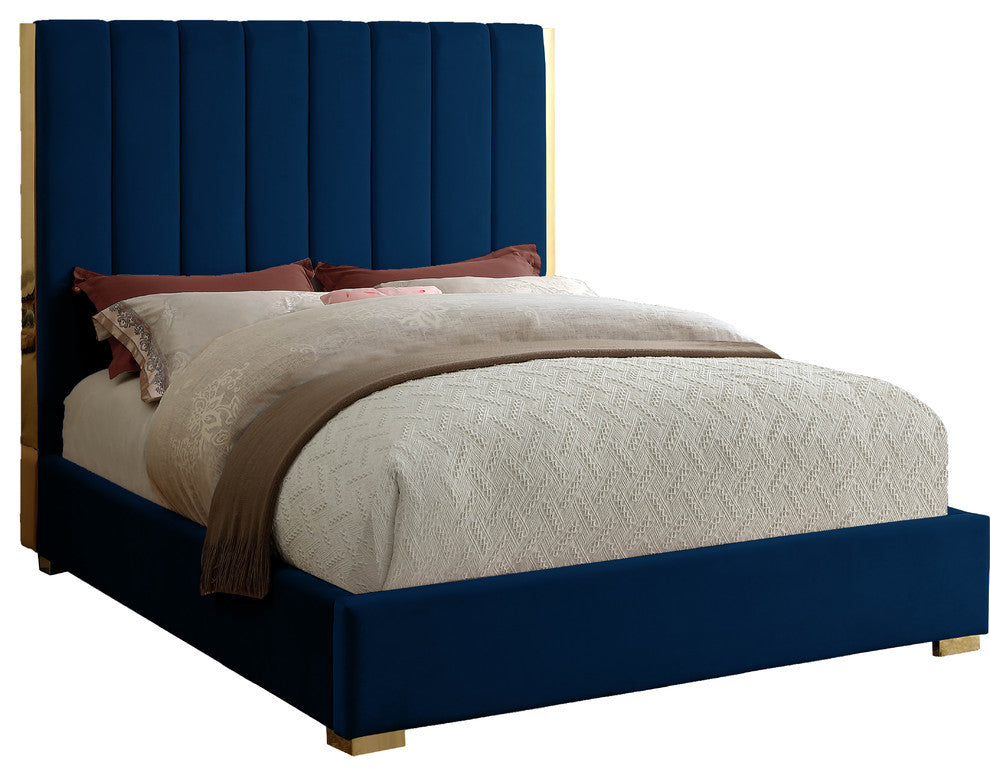 Becca Velvet Upholstered Bed, Navy, Full