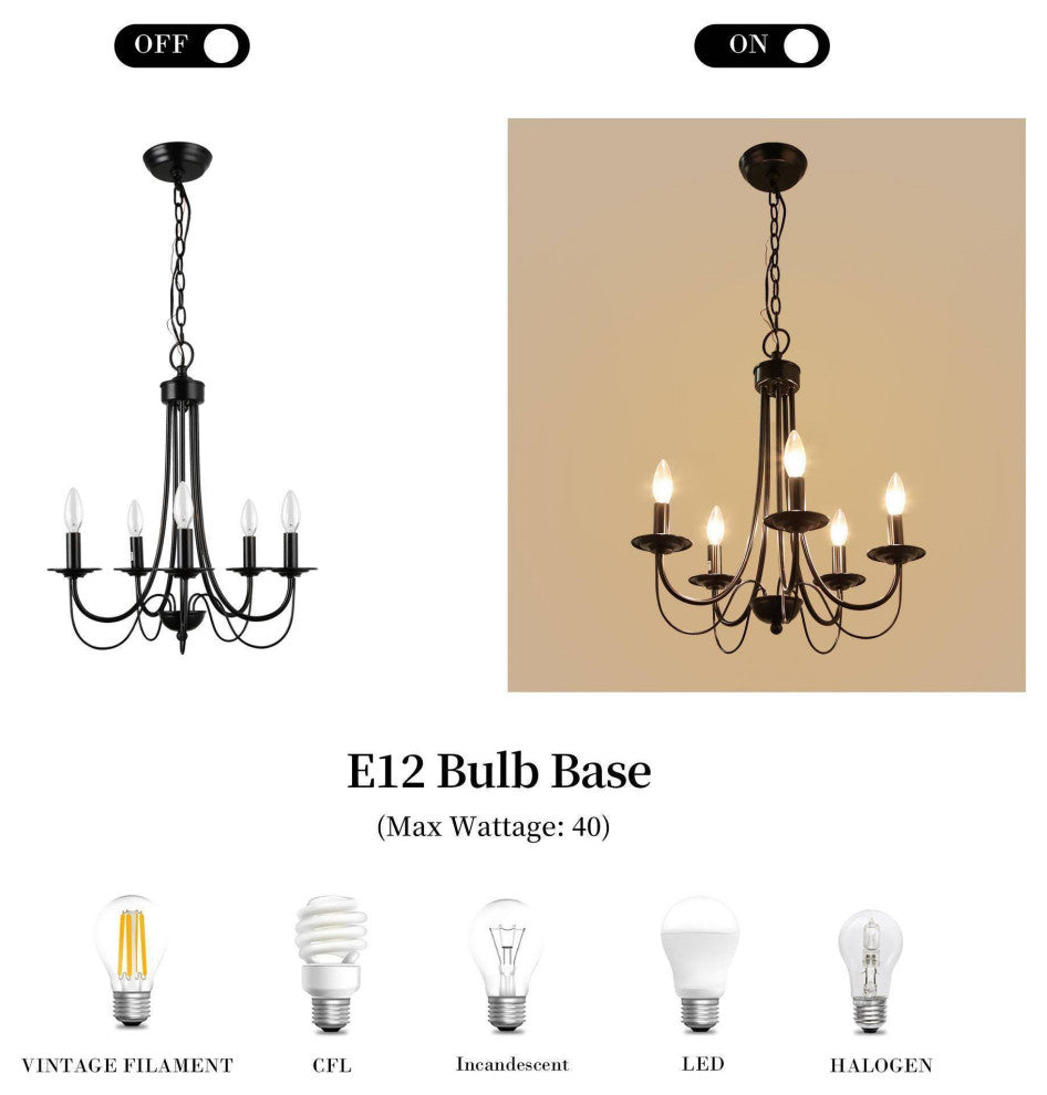 LNC 5-Light Modern Matte Metal Candle-Style Chandelier, Black