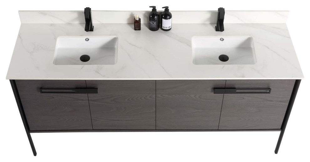 Oakville Bath Vanity, Ceramic Sink, Black Coal Oak, 72 Inch, Black Hardware
