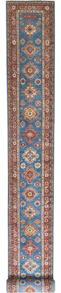 Denim Blue Afghan Super Kazak Natural Wool Hand Knotted XL Runner Rug 2'9"x40'6"