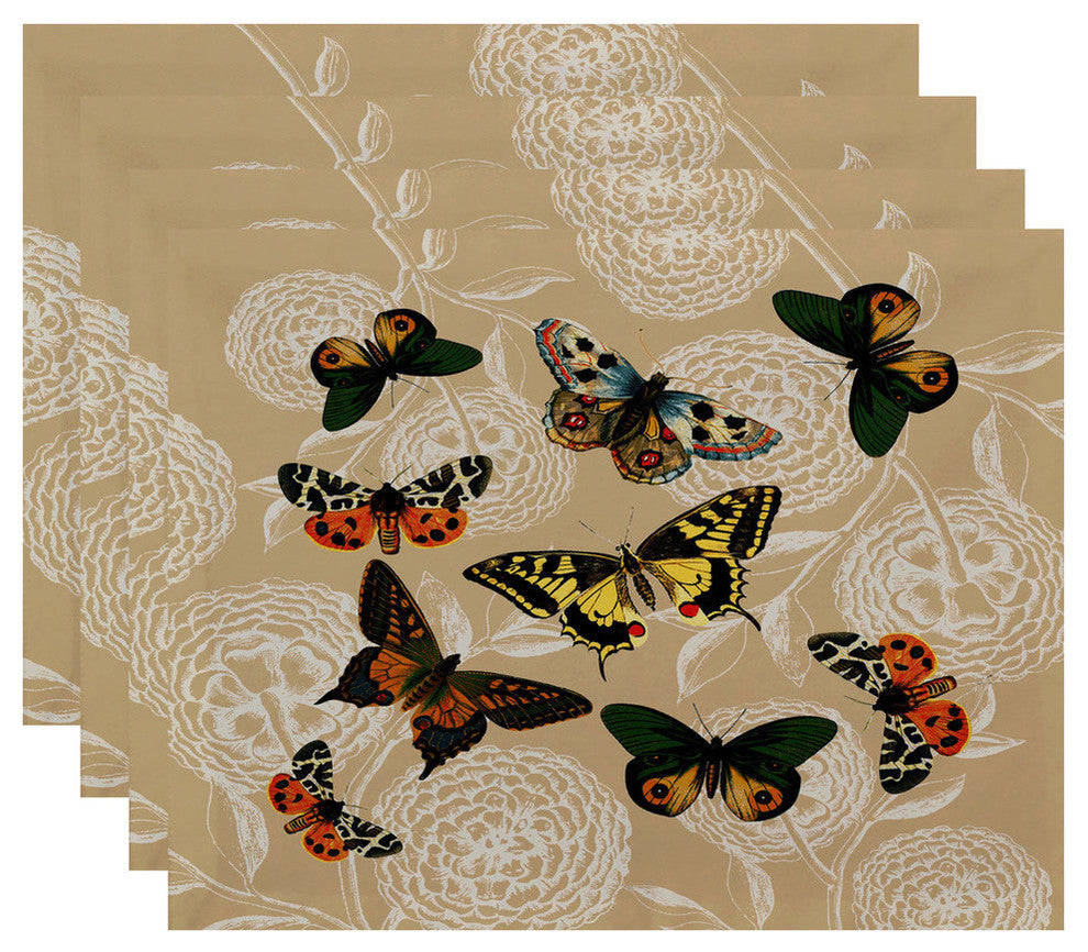 18"x14" Antique Butterflies And Flowers, Animal Print Placemat, Taupe, Set of 4