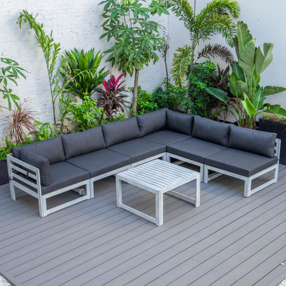 LeisureMod Chelsea 7-Piece Gray Patio Sectional With Coffee Table, Black