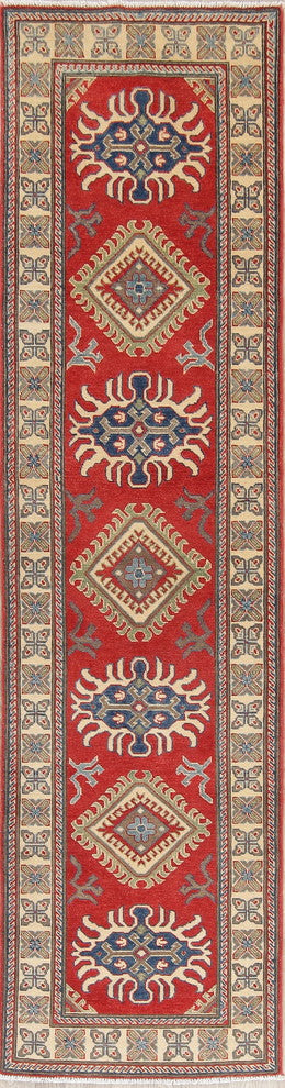 Traditional Wool Kazak Oriental Hand Made Pakistani Runner Rug, Red, 9'4"X2'8"