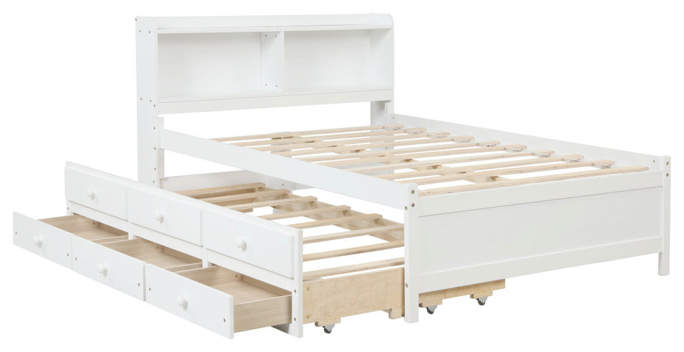 Full/Twin Wood Frame Platform Bed with Trundle and Drawers, White, Full
