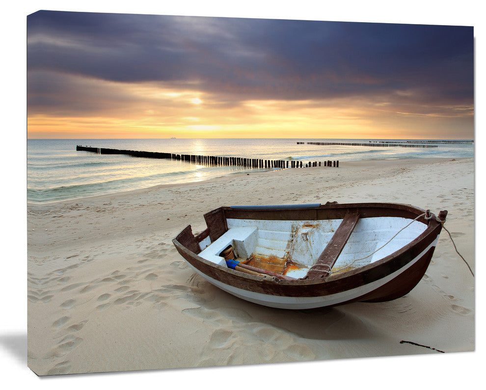 Boat on Beautiful Sunrise Seashore, Large Beach Canvas Wall Art, 40"x30"