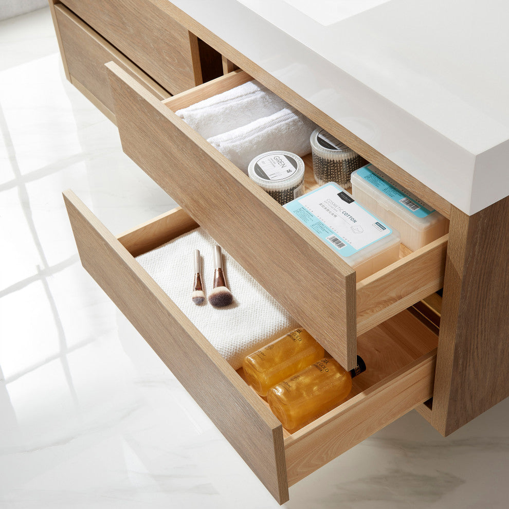 Palencia Floating Bath Vanity With Composite Stone Top, North American Oak, 60" Single Sink, With Mirror