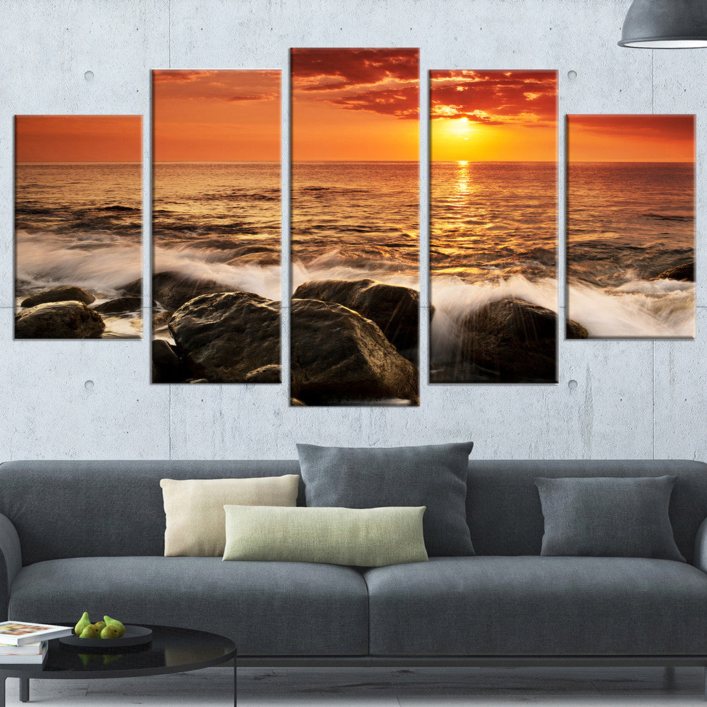 "Bright Sunset Over Rocky Shore" Modern Seashore Canvas Art, 5 Panels, 60"x32"