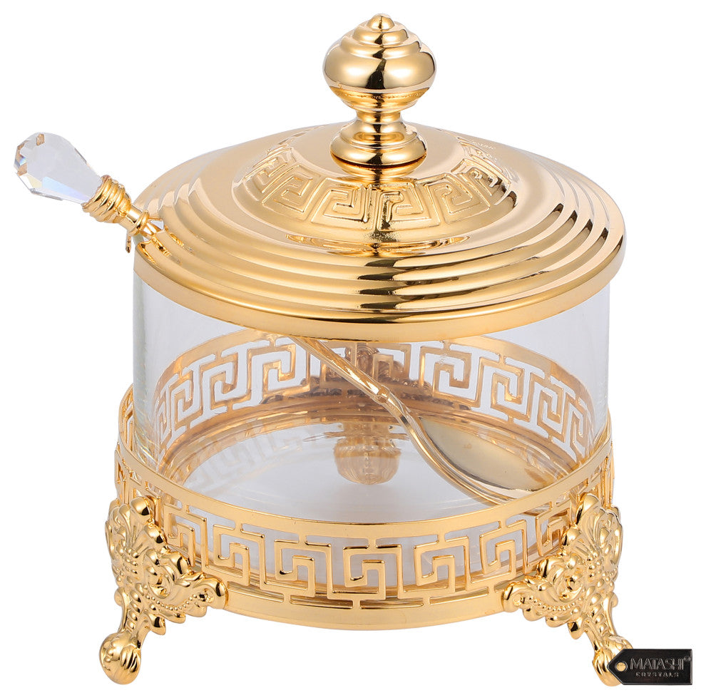 24K Gold Plated Sugar Bowl With Crystal Studded Spoon