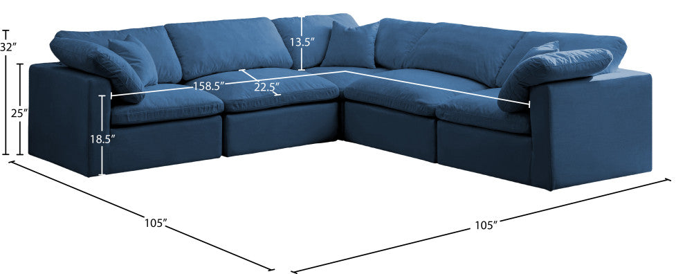 Plush Velvet / Down Standard Comfort L-Shaped Modular Sectional, Navy, 5-Piece: 2 Armless Chair, 3 Corner Chair