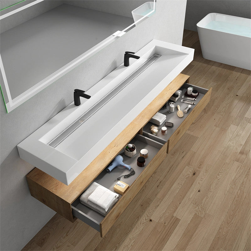 Alysa 84'' Floating Vanity, Acrylic Sink, Double Faucet Hole, White Oak