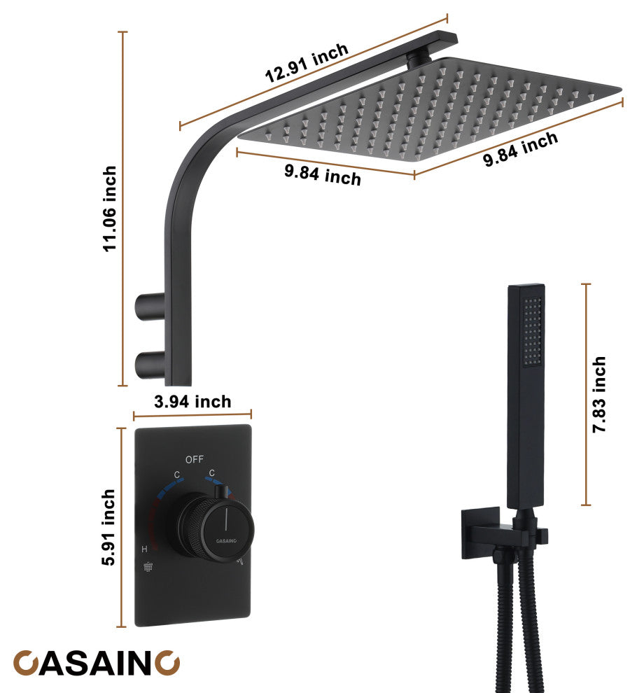 10inch Wall Mounted Rain Shower System With Handheld & Unique Shower Arm, Matte Black