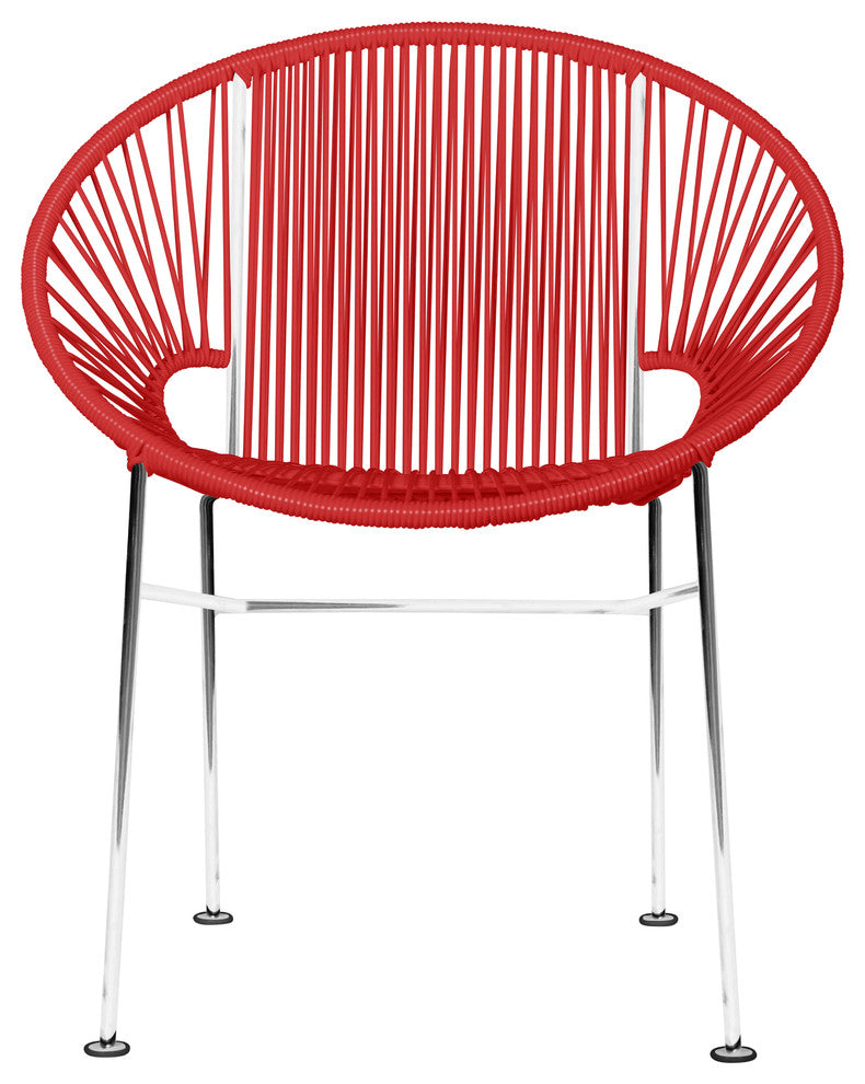 Concha Indoor/Outdoor Handmade Dining Chair, Red Weave, Chrome Frame
