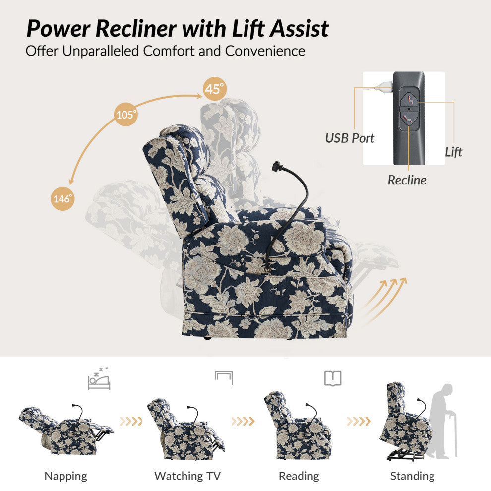 Lift Assist Power Recliner With Massage Heat And Manual Headrest, Navy