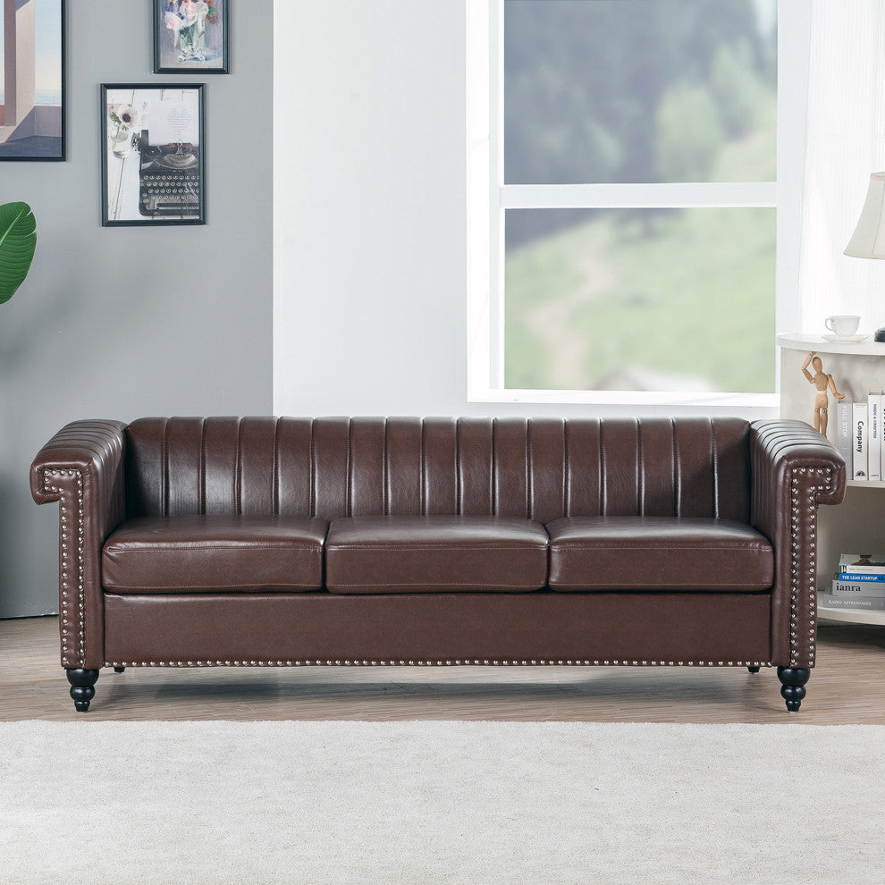 83" Faux leather Square Arm Sofa with Nailhead Trim , Dark Brown